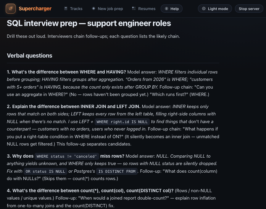Generated interview prep tab for a sample AI support specialist prep