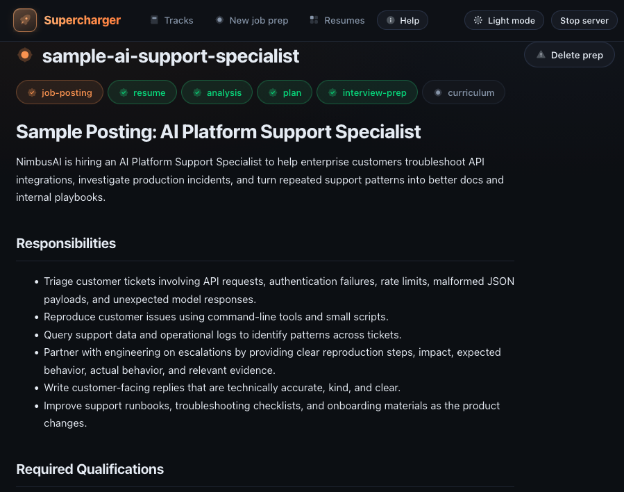 Job posting tab in a sample prep