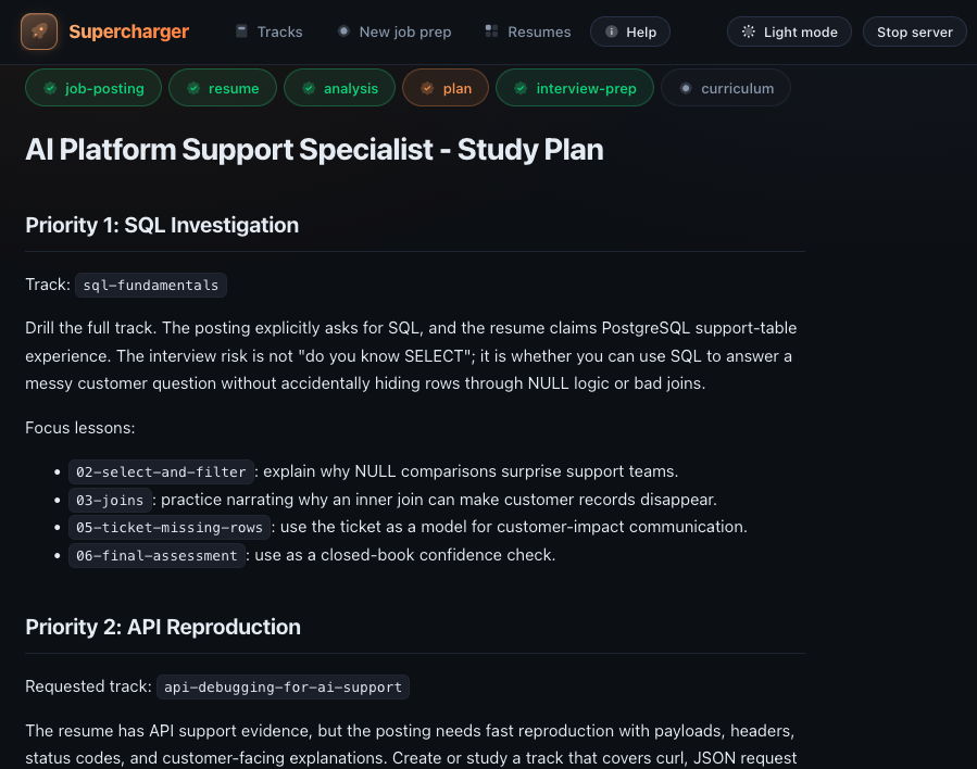 Generated study plan tab for a sample prep