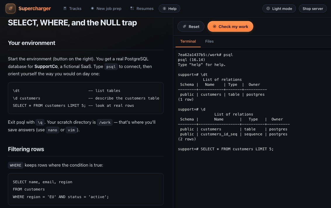 Hands-on lesson with integrated terminal and checkpoint validation